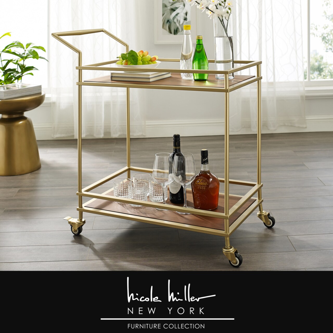 Nicole Miller Amaya Serving Bar Cart-2 Storage Shelves-Casters- 2 Locking-Modern Matte Frame-By